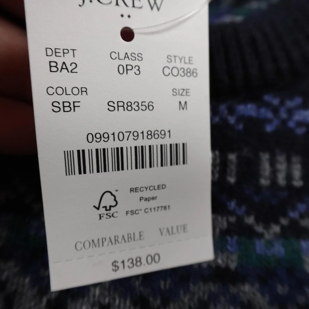 NEW J Crew Sweater Mens M Blue Nordic Fair Isle Lambswool Knit Crewneck Pullover